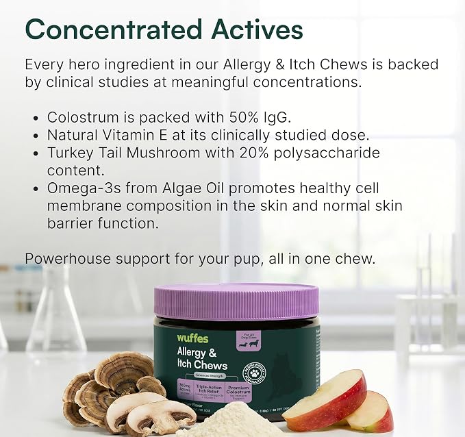 Wuffes Allergy & Itch Soft Chews, Dog Allergy Support with Colostrum, Vitamin E and Omega 3s for Dogs, Non-Drowsy Immune and Itchy Skin Support for All Dogs, 60 Soft Chews