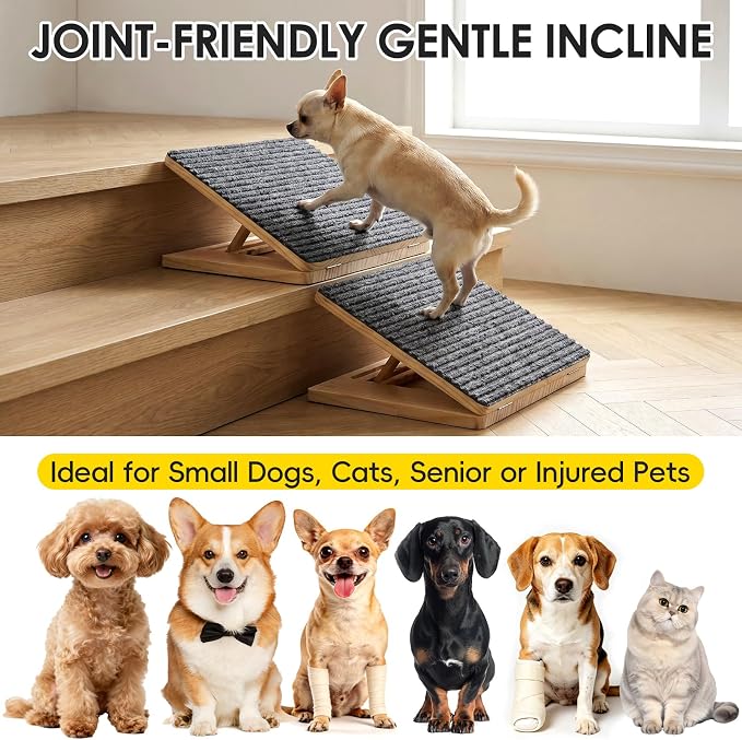 2-Pack Dog Ramp for Stairs, 4 Adjustable Heights (4"-7") Solid Wooden Pet Steps with Anti-Slip Grip & Corner Pads – Senior-Friendly No-Tool Dog Stairs for Bed, Couch & Stairway