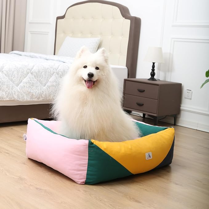 Cotton Canvas Dog Bed, Dog Beds Large Sized Dog, Orthopedic Bed with Washable Removable Cover Durable 290 GSM Cotton Anti-chewing Pet Bed with Anti-Slip Bottom (38"x30"x12", Pink&Yellow&Green)
