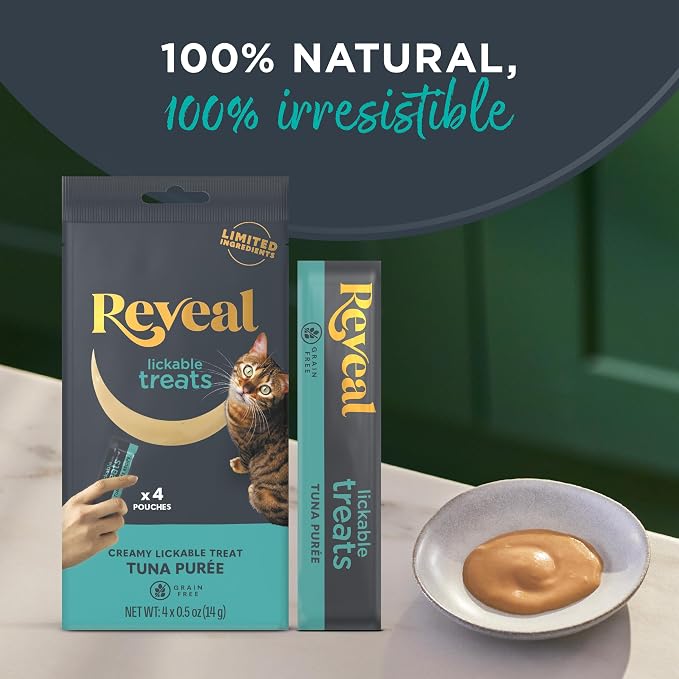 Reveal Tuna Puree Lickable Cat Treats 40-Pack, Limited Ingredient, Grain Free, Protein Squeeze Up Cat Treats for Training or Food Topper, No Artificial Additives (40 x 0.5 oz Pouches)