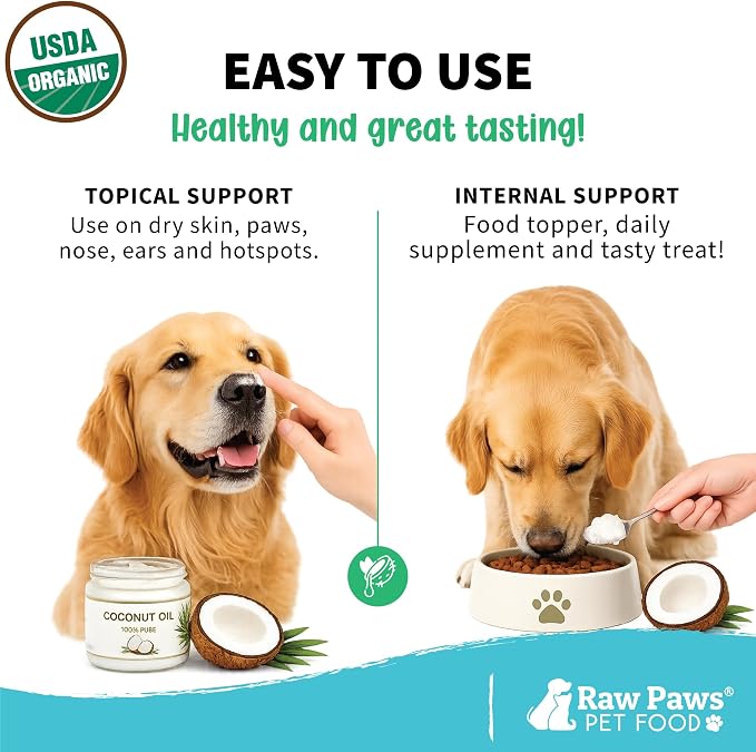 Raw Paws Virgin Organic Coconut Oil for Dogs & Cats (16-oz) - Skin & Coat | Dry Nose & Paw Balm - Itchy Skin Support - Hot Spot Care - Cat Hairball Support - Edible Pet Supplement