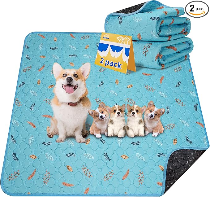 Sunheir Washable Pee Pads for Dogs 2-Pack Reusable Puppy Pads Pet Training Pads, Waterproof Dog Pee Pads for Crate, Whelping Pad, Non-Slip Protects Against Urine Leakage (Leaves - Sky Blue, 31x36)