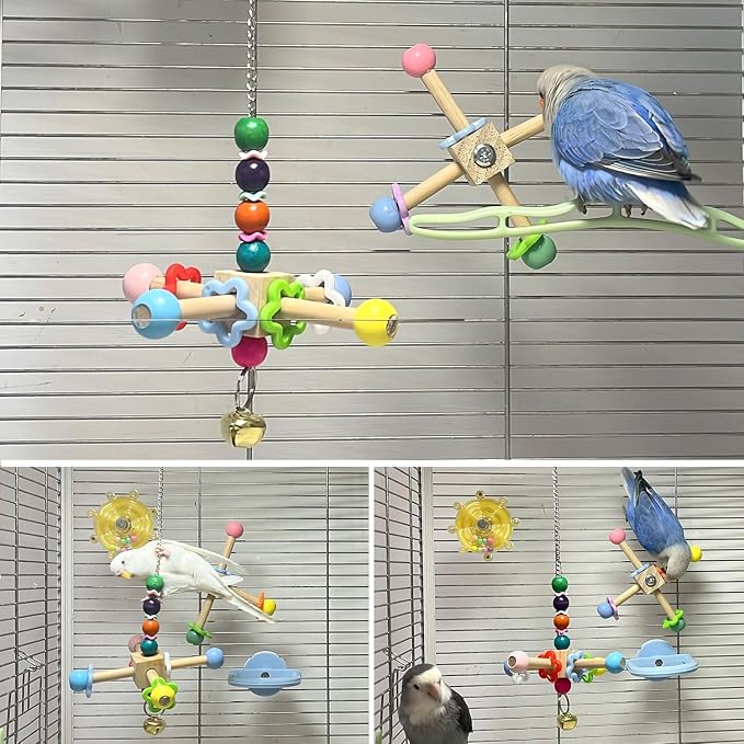 2pc Spinner Toys and 3-Sisal Perch Swing Set – Interactive Wooden Chew Toys with Bells and Balance Training for Parakeets Cockatiels Conures Lovebirds Quaker