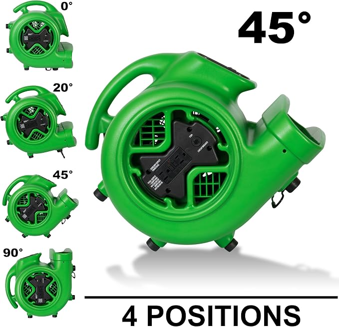 XPOWER X-600A Pro 1/3 HP 2400 CFM Centrifugal Air Mover, Carpet Dryer, Floor Fan, Blower, Daisy Chain, for Water Damage Restoration, Janitorial, Plumbing, Home Use, Green