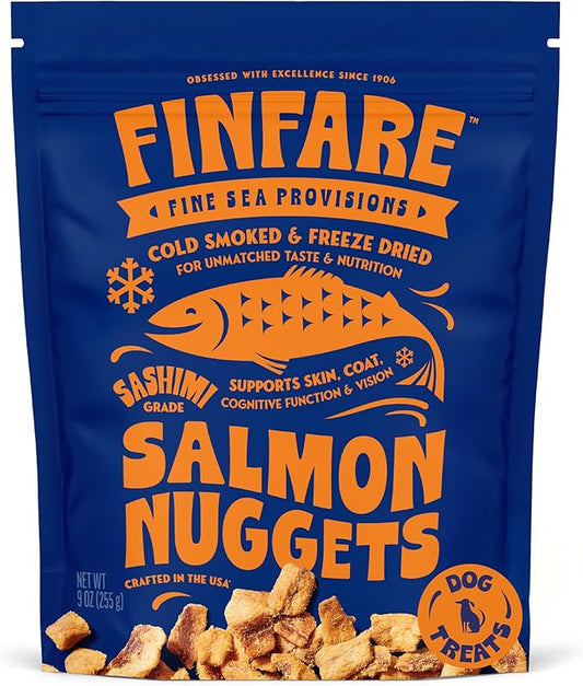 Finfare Freeze Dried Salmon Dog Treats, Protein & Omega-3s, Grain Free Salmon Dog Training Treats, Crafted in USA, Nuggets - 9oz