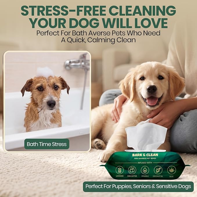 Bark & Clean Bamboo Dog Wipes for Cleaning & Deodorizing - 8.5" x 9" 110 Compostable Hypoallergenic Pet Wipes for Dogs - Paws, Butt & Body - Puppy Face, Ear & Eye Cloths - Pet Supplies