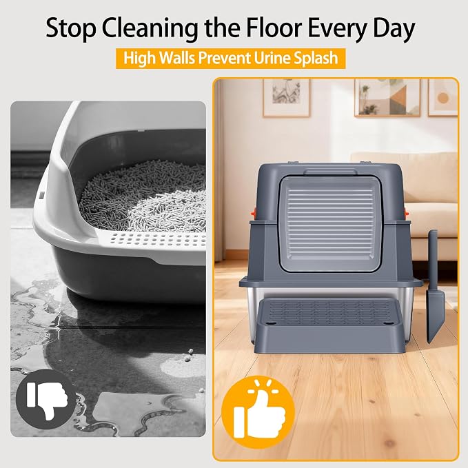 XL Stainless Steel Cat Litter Box with Lid for Large Cats | High sides, stainless pan, flip-top lid, step, mat, scoop, filter; for large cats, high-peeing cats, and multi-cat homes
