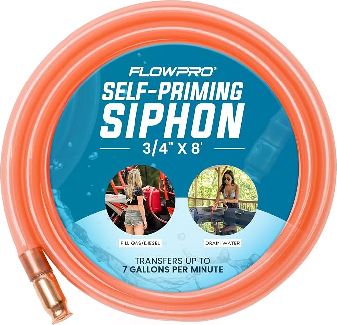3/4” x 8’ Self-Priming Shaker Jiggler Siphon Hose, FlowPro Siphon Gas & Fuel Transfer Pump, Gas Can Siphon for Boats, Jet Ski, Pontoon. Water Siphon Pump for Hot Tub Drain and Cold Plunge | 7 GPM