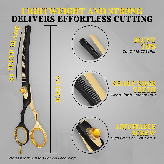 7.5” Curved Thinning Shears for Dogs and Cats – 34 Tooth Professional Pet Grooming Scissors – Smooth, Quiet Blending Shears for Face, Ears, Chest and Legs, Ergonomic Design for Home and Pro Use