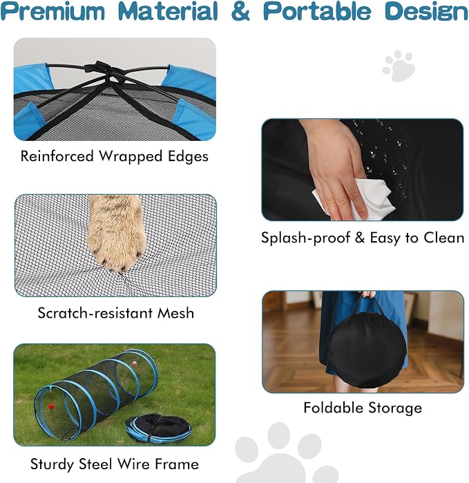 Outdoor Cat Enclosure, 5-in-1 Cat Tent Outdoor Pet Playpen with Tunnel, Portable Catio Play Pen for Outside and Indoor cat Enclosure with Storage Bag for Kitty and Small Animals