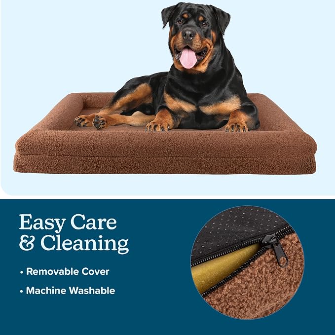 Orthopedic Dog Bed - 45in Large Dog Bed with Supportive Bolster, Nonslip Bottom, and Removable Washable Cover - Memory Foam Pet Beds for Large Dogs - Dog Products by PETMAKER (Brown)