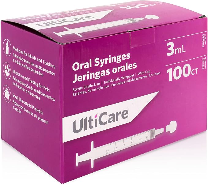 UltiCare 3mL Oral Tip Syringe – Uses Include Oral Administration of Medicine for Infants, Toddlers and Small Pets, and Small HH Projects. with Cap, Sterile Individually Wrapped, 100 Count