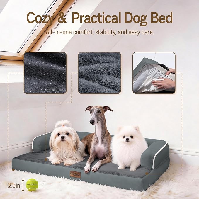 Comfort Expression Extra Large Dog Bed - XXL Washable Orthopedic Bed for Big Dogs - Pet Couch Waterproof Bolster with Removable Non-Slip Cover, 48 x 33