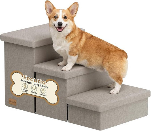 3-Step Wide Dog Stairs with Hidden Storage 18" H, Non-Slip Dog Steps for High Bed Couch Window Car, Jiont-Friendly Pet Stairs Ramp for Small/Medium/Large Old Dogs Cats Up to 220lbs, Grey