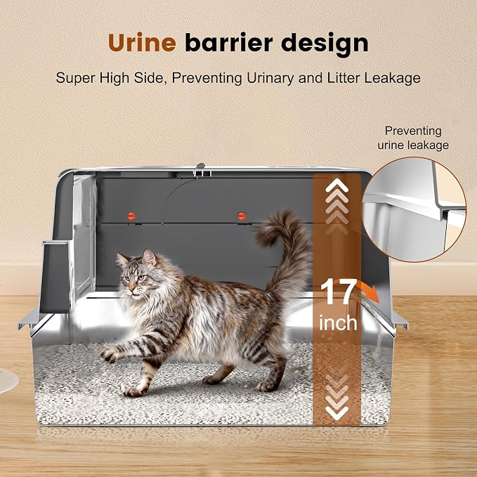 XXXXL Stainless Steel Litter Box, 28" L x 20" W x 17" H Extra Large Cat Litter Box for Maine Cat, Enclosed Metal Litter Boxes for Big Cat, Suitable Multi-Cats Families, High Sides