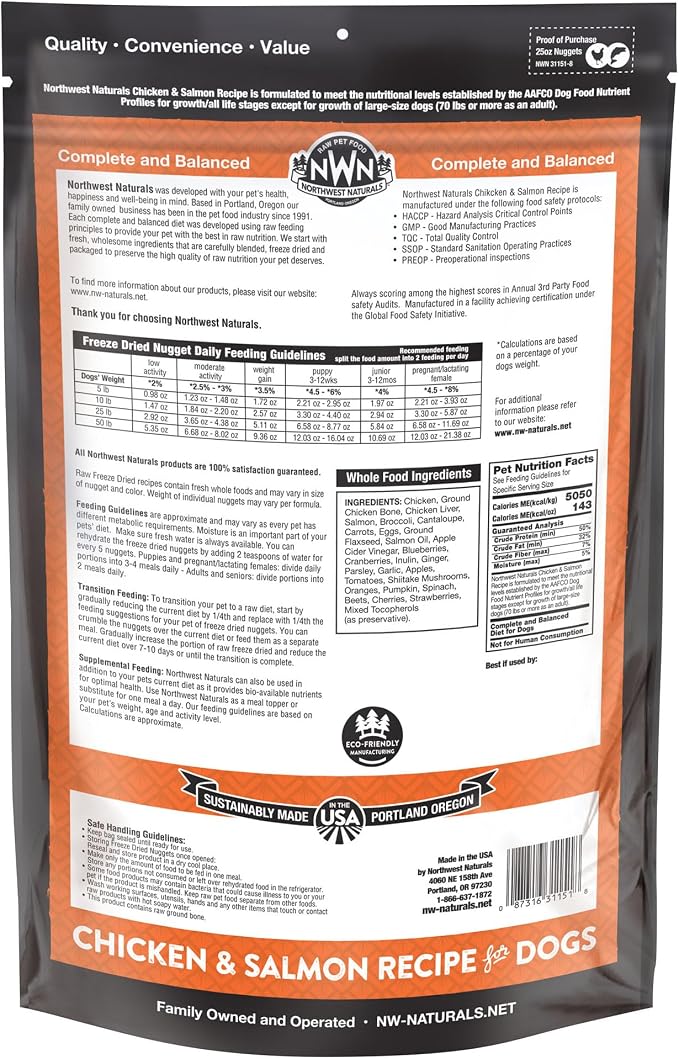Northwest Naturals Freeze-Dried Chicken & Salmon Dog Food - Bite-Sized Nuggets - Grain-Free, High-Protein, Raw Diet, Human-Grade, Limited Ingredients, All Natural, Omega-3 for Skin & Coat - 25 Oz