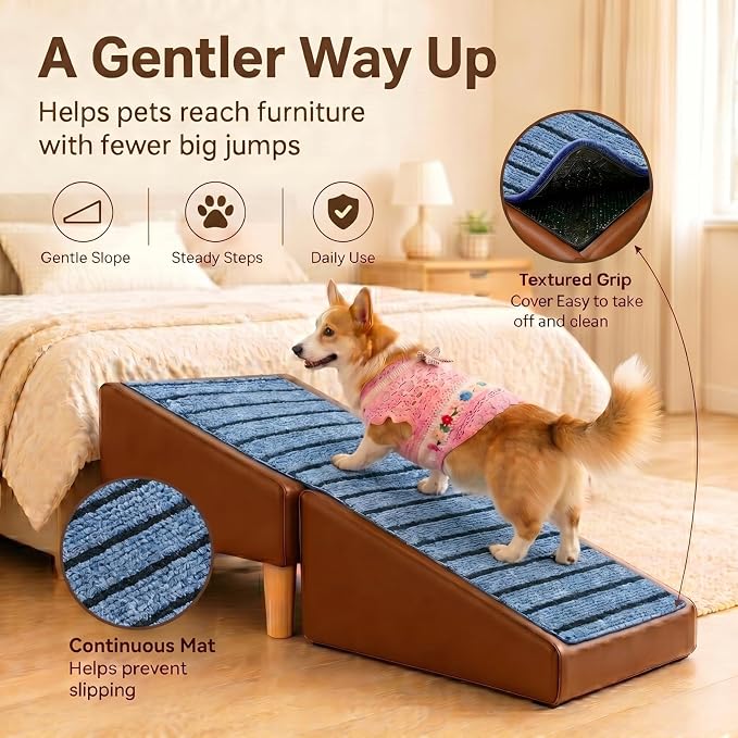 Dog Stairs for Small Dogs, Dog Stairs for Couch& Bed, Non-Slip Foldable 2-in-1 Pet Steps for Cats, Leather Ottoman (Brown, Large, 1.0)