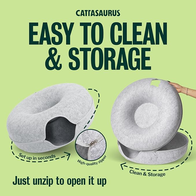 Cattasaurus Peekaboo Cat Cave Donut for Multiple & Large Cats up to 30-45 lbs, 3-in-1 Self Warming Cat Bed, Tunnel & Scratcher for Indoor Cats, Washable & Detachable Small Dog Bed (Light Gray, Jumbo)