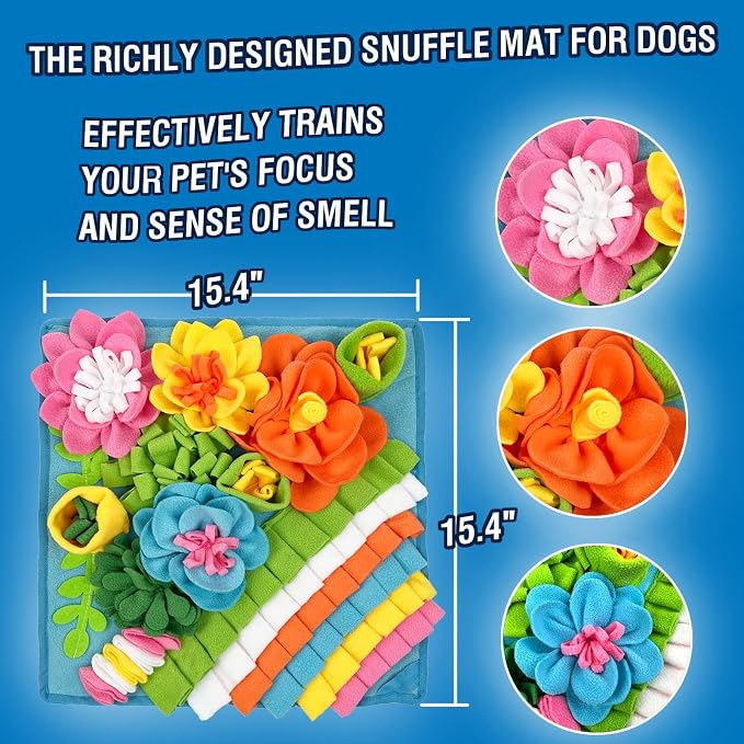 MYLIFESION Snuffle Mat 15.4''×15.4'' for Small & Medium Dogs, Slow Feeding Puzzle Sniff Mat for Cats Rabbits, Mentally Stimulating Scent Training, Portable Durable Pet Food Mat (Heavyweight Style)