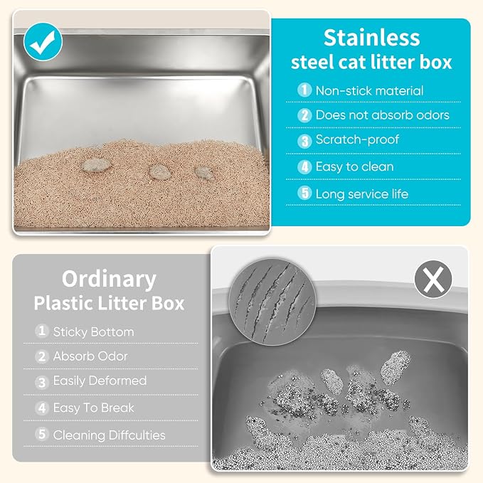 3PACK Stainless Steel Litter Boxes with Lid High Sides, Extra Large Metal Litter Boxes for Big Cats, Odor Free Litter Pan Include Scoop, Leak-Proo, Stain-Free, Rust-Free, Easy to Clean, Non-Sticky