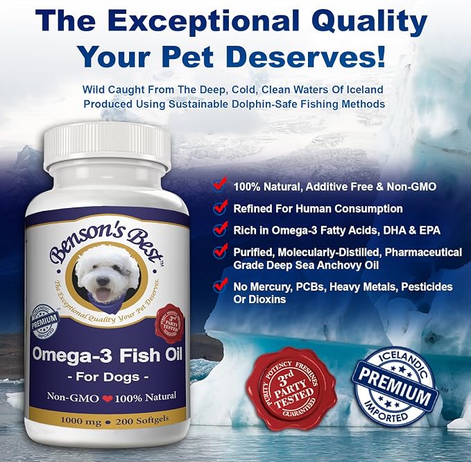 Benson's Best Omega 3 Fish Oil for Dogs - Anchovy Oil Softgel Capsules - Provides 43% More Omega 3 Fatty Acids Than Salmon Oil - 200 Softgels 1000 mg - 100% Pure, Non-GMO, Natural Pet Food Supplement