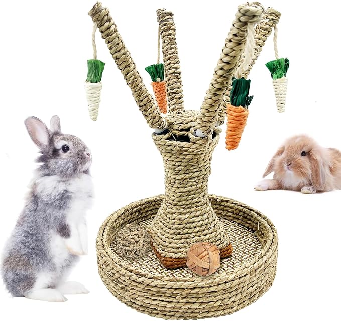 Hamiledyi Bunny Chew Toys Rabbit Rattan Grass Scratcher Climbing Tree Fun Tree Carrot Play Toys 4 Pcs Rabbit Chew Ball Timothy Grass Ball Small Animal Activity Play Chew Toys Teeth Grinding