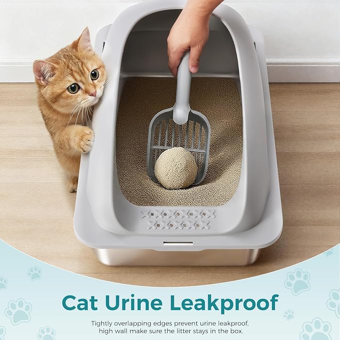 OLIXIS Stainless Steel Cat Litter Box with Lid, Large Cat Litter Box for Big Cats, High Wall Sides, Anti-Urine Leakage, Easy Cleaning, Scoop and Mat Included, Easy Cleaning, Light Gray