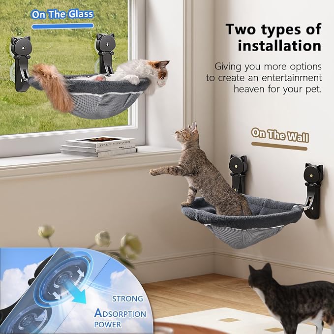 JUNSPOW 2 Pack Cat Window Perch Cordless, Kitty Hammock with Sunken Design Foldable & Stable Cat Beds- Breathable Window Hammock for Overlooking, Sunbathing and Climbing - Maximum Hold Up to 40lb