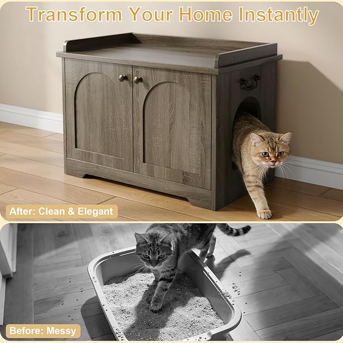 Cat Litter Box Enclosure, Hidden Litter Box Furniture with 2 Door, Pet House Fit Most of Litter Box, Dark Oak Gray