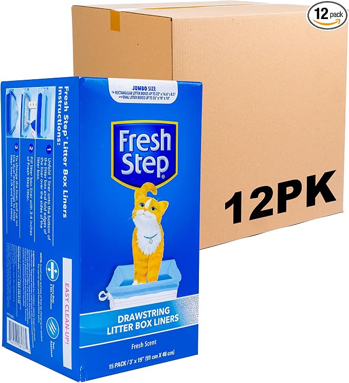 Fresh Step Jumbo Drawstring Cat Litter Box Liners Scented Heavy Duty Kitty Litter Bags X-Large Oval or Rectangle Pans Easy Lift Out Cleanup 36 x 19 IN 15 Count 12 Pack Scented Bulk Multi-Pack