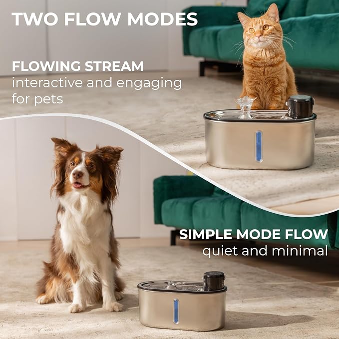 Wireless Cat Water Fountain Stainless Steel 108oz/3.2L | 5200mAh Battery, 50-Day Autonomy, Motion Sensor, Ultra Quiet, BPA-Free, Multi-Filtration - Black