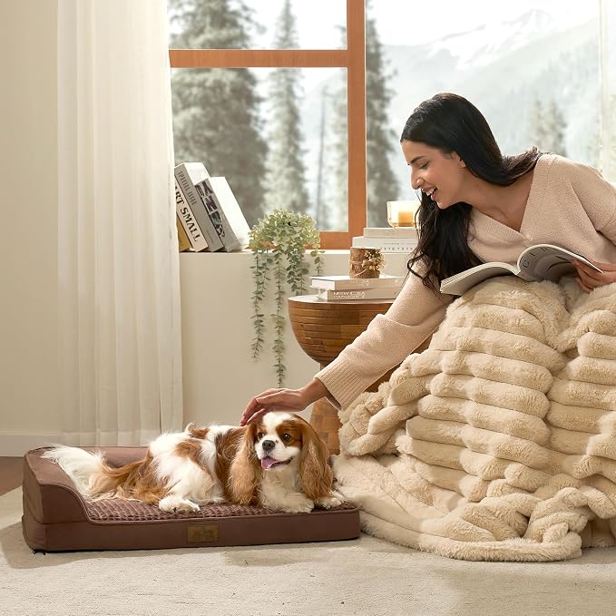COZY KISS Orthopedic Dog Bed for Large Medium Size Dog, Dogs Crate Bed, L Shaped Foam Anti-Slip Bottom Pet Cat Sofa with Washable Removable Cover, Suitable for Pet Up to 75 lbs, 36x27x6.5 inch, Brown