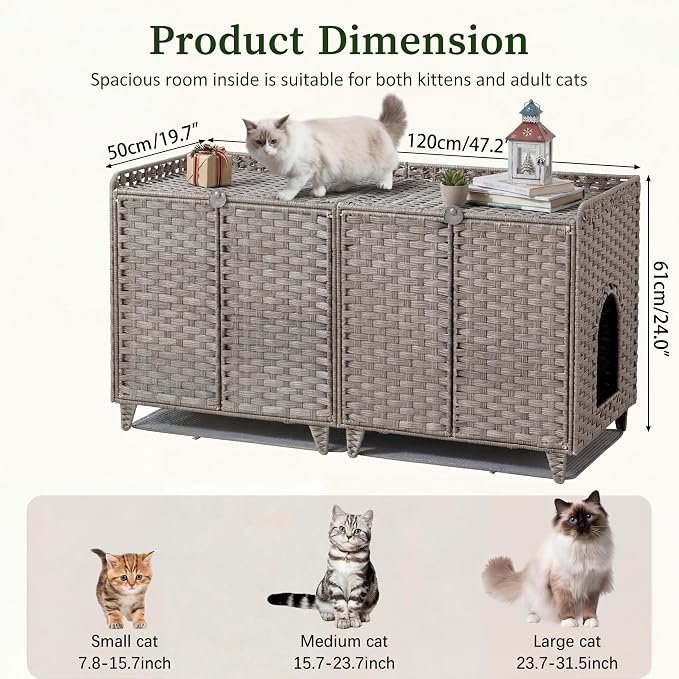 Cat Litter Box Enclosure Furniture, Handwoven Rattan Cat Houses, Hidden Cat Washroom Furniture with Door/Mat, Large Space Cat Houses with S-Shaped Hooks, Living Room, Bedroom, Gray