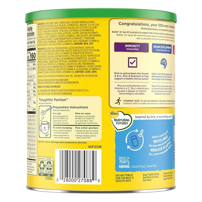 Nestlé NIDO Kinder Toddler Milk Beverage Powder Mix, 2 + Years, 23 Servings per Container, 138 Total Servings, 6x800g (4,800g)