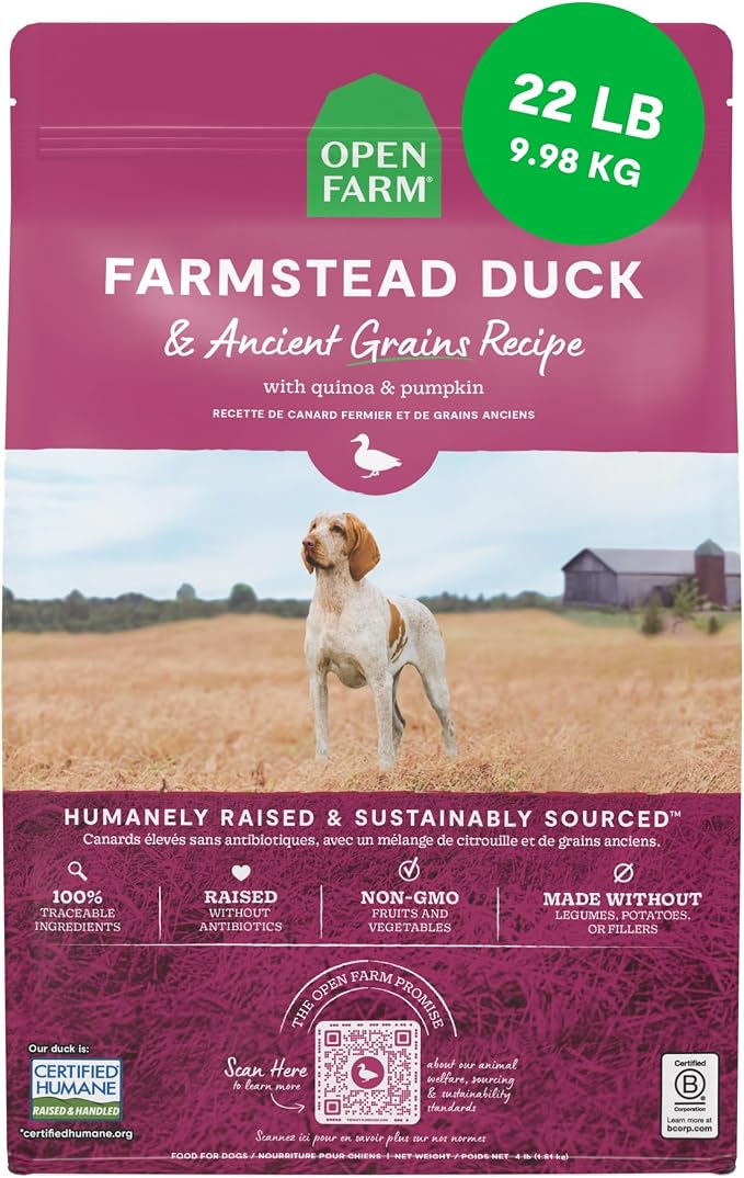 Open Farm, Ancient Grains Dry Dog Food, Protein-Rich & Nutrient Dense, 90% Animal Protein Mixed with Non-GMO Fruits, Veggies and Superfoods, Farmstead Duck Recipe, 22lb Bag