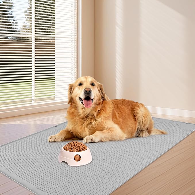 Dog Food Mat, Extra Large 57" x 40" Silicone Pet Feeding Mat with Raised Edge Pet Placemat for Small, Medium, and Large Pets Non-Slip, Easy to Clean (Light Grey)