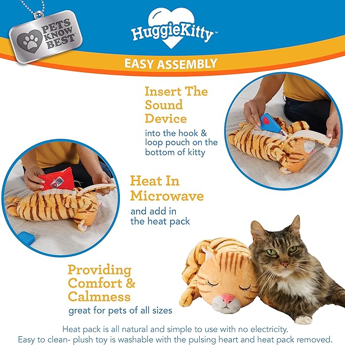 HuggieKitty by Pets Know Best- Cuddly Cat Toy, Soothing Sound & Warmth Help Relax & Comfort Your Pet- Purr & Heartbeat, Heating Pack- Orange