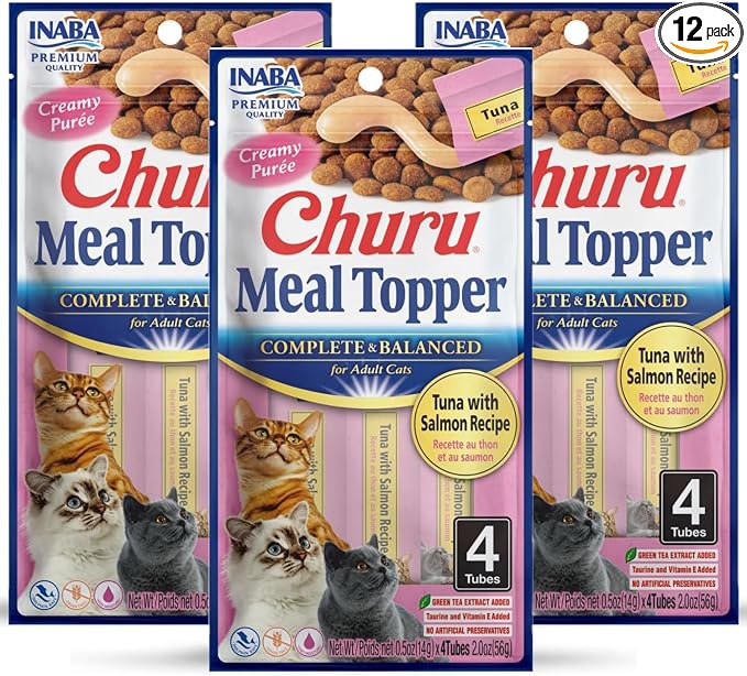 INABA Churu Meal Topper for Cats, Complete & Balanced, Creamy, Lickable Purée Cat Food Topper, 0.5 Ounce Tube, 12 Tubes (4 per Pack), Tuna with Salmon Recipe