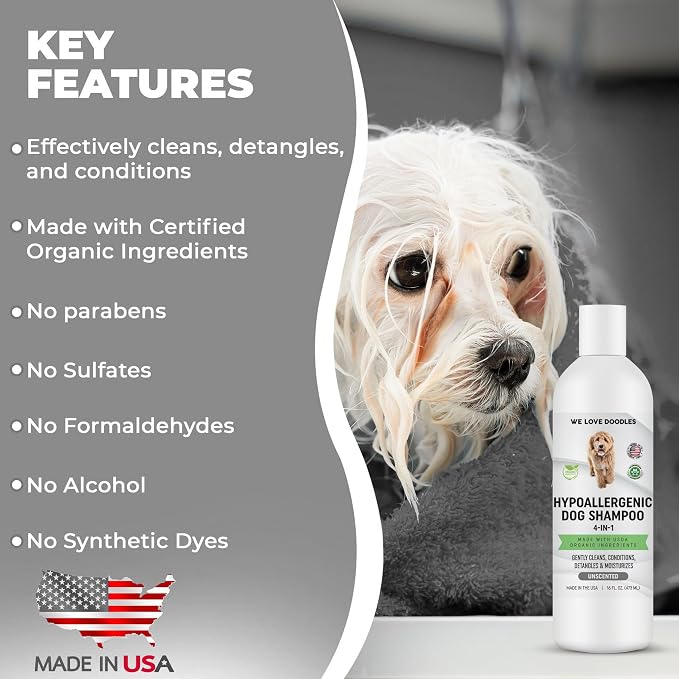 We Love Doodles Hypoallergenic Dog Shampoo, Conditioner & Detangler and Dog Pin Brush - Sensitive Skin & Allergies, Detangler Brush for Shedding & Removing Loose Fur, Made in USA
