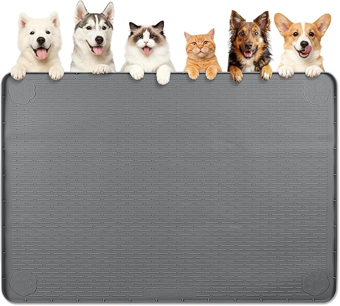 Dog Food Mat, Extra Large 57" x 40" Silicone Pet Feeding Mat with Raised Edge Pet Placemat for Small, Medium, and Large Pets Non-Slip, Easy to Clean (Dark Grey)