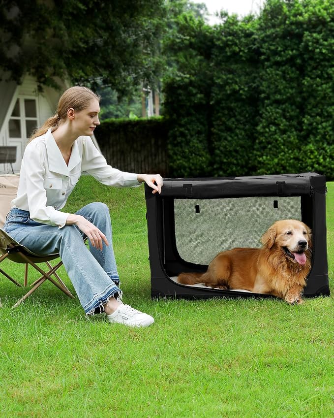 Veraste 33" L x 25" W x 25" H Collapsible Travel Dog Crate, Portable Soft Dog Kennel for Medium Large Dogs up to 60 lbs, 4-Door Foldable Travel Crate with Durable Mesh & Storage Bag, Black