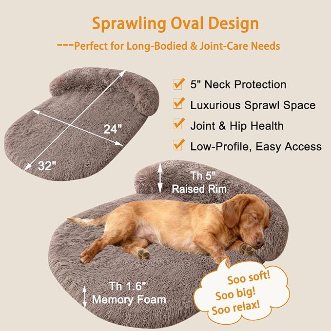 Orthopedic Dog Bed with Egg-Crate Base, Calming Dog Beds Fluffy Plush Faux Fur with Raised Edges, Spine Friendly Pet Sleeping Mat for Medium Large Dogs, Machine Washable (Oval, Brown 32"x24")