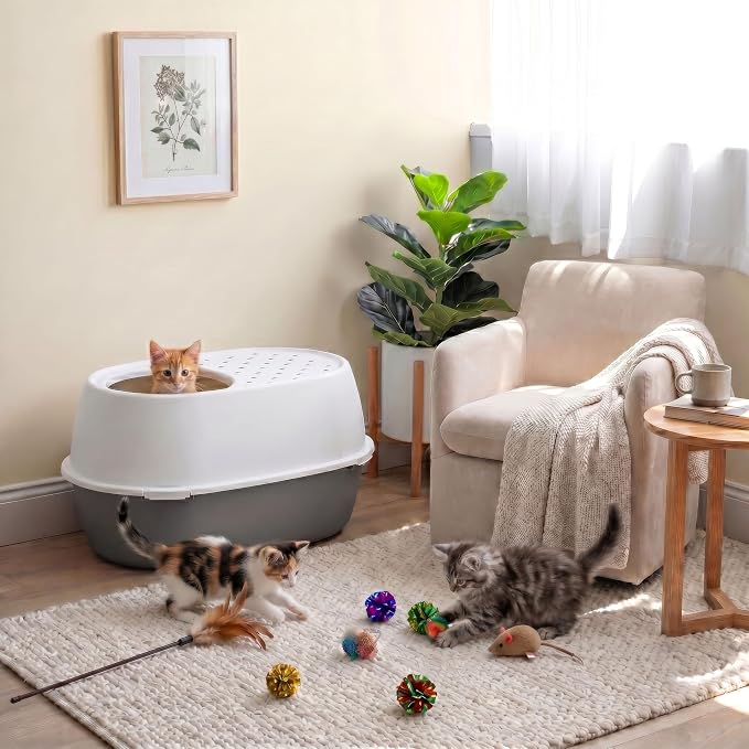 IRIS USA Extra Large Litter Box with Lid, Top Entry, Jumbo Enclosed Covered Litter Box for Large Cats, 19" L x 29" W x 15" H, Dog-Proof 4-Buckle Design, Reduced Tracking Lid, Gray/White