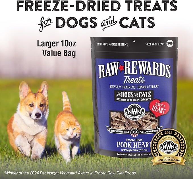 Northwest Naturals Raw Rewards Freeze-Dried Pork Heart Treats for Dogs and Cats - Bite-Sized Pieces - Healthy, 1 Ingredient, Human Grade Pet Food, All Natural, Proudly Made in USA, 10 Oz