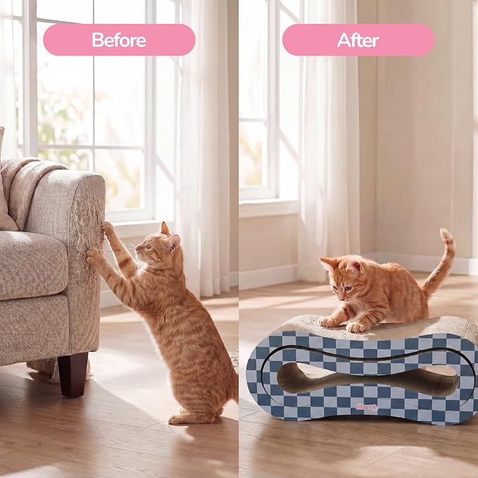 Suvi 26" Modern Cardboard Infinity 2-in-1 Lounge Bed Cat Scratcher with Catnip, Navy/Blue Checker, Corrugated Surface and Tunnel for Indoor Cats CSR1014J