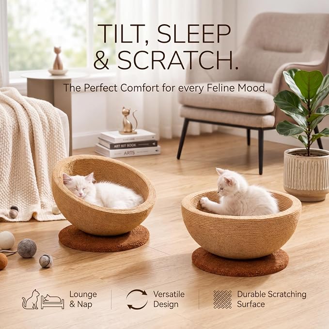 Novabright Sisal Cat Scratcher Bed with Solid Wood Base 15 x 15 x 7.87 Inch 2-in-1, Round Scratching Nest Lounge for Indoor Cats, Adjustable Tilt or Flat Installation, Jute Cat Scratching Bowl