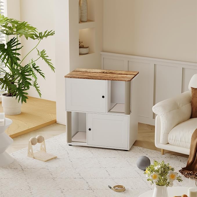 Cat Litter Box Enclosure, Two-Story Wooden Hidden Litter Box Furniture with Scratching Post, Multi-Level Cat Washroom Cabinet for 2 Cats, Reinforced Wood Frame & Ventilated Design for Small Apartment