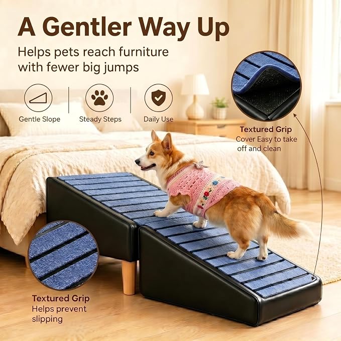 Large Dog Stairs for Bed 17" H - Heavy Duty Non-Slip 2-in-1 Ottoman | Fits 12-17" Medium Beds/Couches, Supports 30-80lbs Dogs for Senior Pets