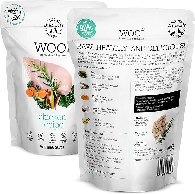 The New Zealand Natural Pet Food Co. Woof Freeze Dried Dog Food - Chicken Recipe, High Protein, Dog Food Topper & Dog Treats, All Life Stages, 1.76 oz