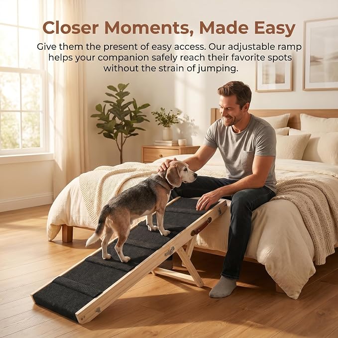 Wooden Dog Ramp for Bed and Couch, 4 Adjustable Heights Folding Pet Ramp with High Traction Fabric Surface, Portable Solid Pine Wood Dog Steps for Couch, Max 35KG (Medium)